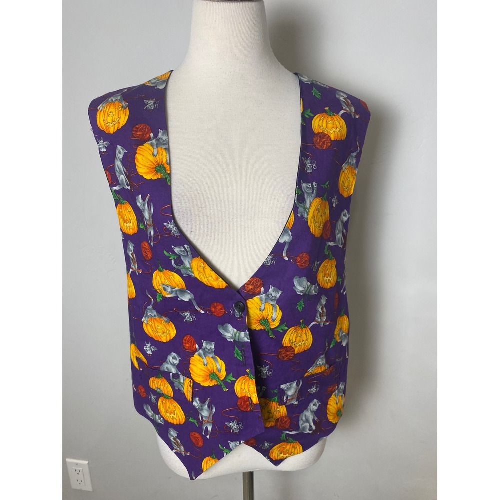 Vintage JLN USA Halloween Vest Purple Jack-O-Lantern Cat Print XL Made in USA
